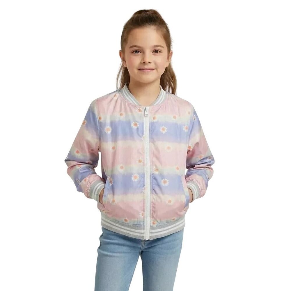 Kidpik‎ Pink/Blue Daisy Floral Print Full Zip Bomber Jacket Size Small (7/8)